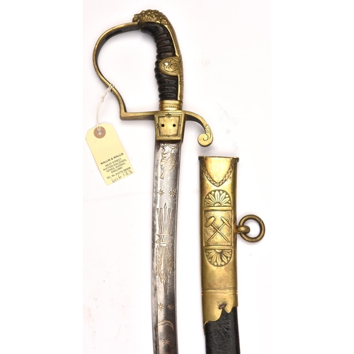 523 - A mid 19th century Turkish cavalry officers sword, curved, fullered blade 33½”, clipped back at tip,... 