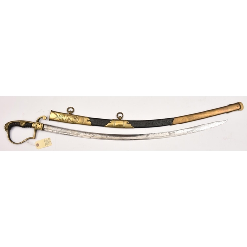 523 - A mid 19th century Turkish cavalry officers sword, curved, fullered blade 33½”, clipped back at tip,... 