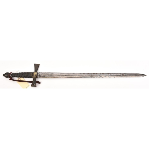 554 - A Masonic sword, blade 22”, flared crossguard, wirebound grip, flattened ball pommel, crimson waistc... 