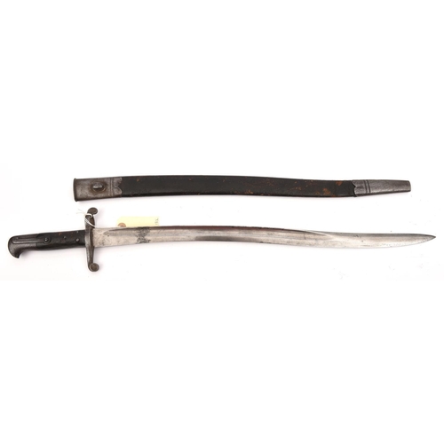 578 - A P1856/58 sword bayonet, 3 studs to grip, no visible markings, in its leather scabbard with steel l... 