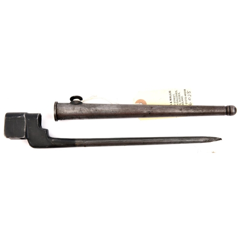 587 - A No 4 Mk II spike bayonet,  marked thus on socket, in scabbard marked No 4 Mk I. GC                ... 