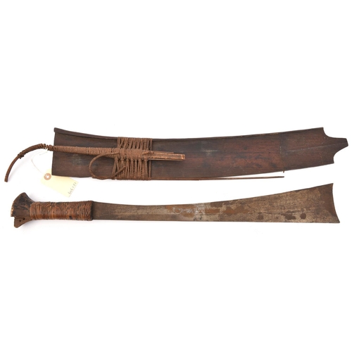 620 - An Indonesian sword parang, SE blade 19”, flared to broad concave end, cord bound grip, flared woode... 