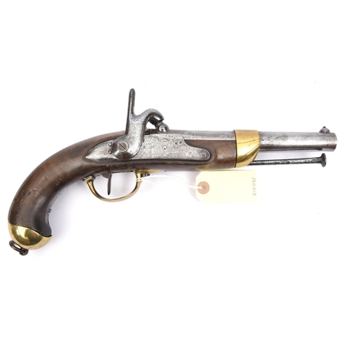 623 - A French 12 bore Model 1822 bis percussion cavalry pistol, 13½” overall, barrel 8” with regimental m... 