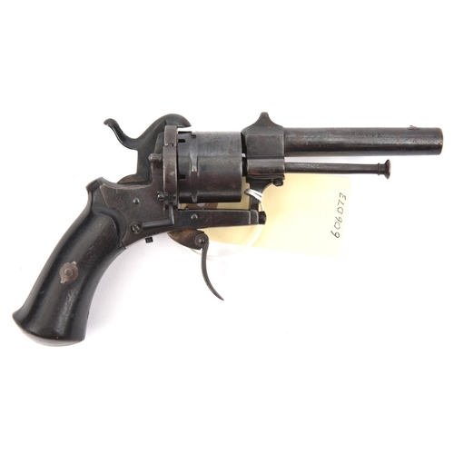 626 - A Belgian 6 shot 7mm open frame DA pinfire revolver, 7” overall, round barrel 3½” with tall pyramid ... 