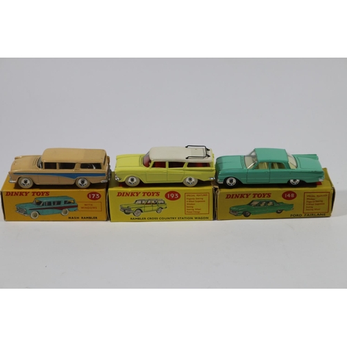 347 - 3 Dinky Toys. Ford Fairlane 148. In light green. Nash Rambler 173. In pink with blue side flash. Plu... 