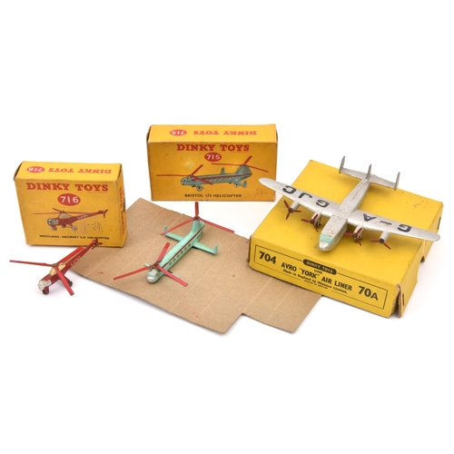 348 - 3 Dinky Toys Aircraft. An Avro York Air Liner (70A). A Bristol 173 Helicopter (715). A Westland-Siko... 