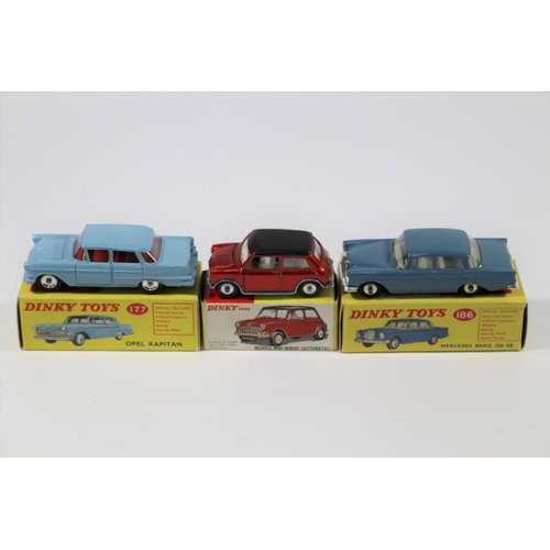 350 - 3 Dinky Toys. Opel Kapitan (177) in light blue with red interior. Plus a Mercedes-Benz 220 SE in RAF... 