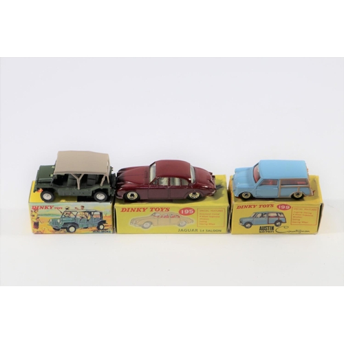 357 - 3 Dinky Toys. Jaguar 3.4 Saloon (195) in maroon with cream interior. An Austin Seven Countryman (199... 