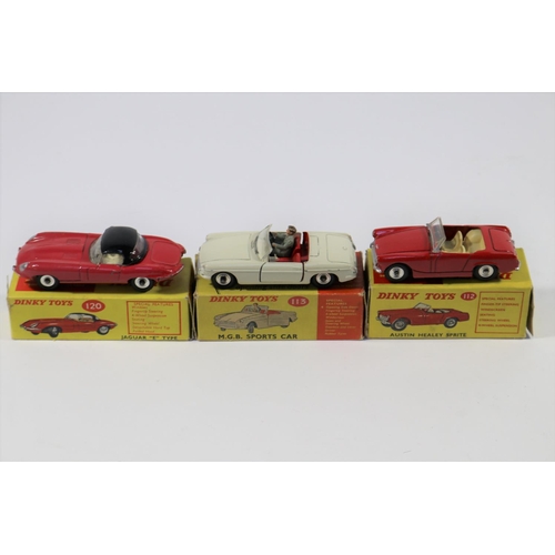 358 - 3 Dinky Toys. Austin Healey Sprite (112)in bright red with cream interior. Plus an M.G.B. Sports Car... 