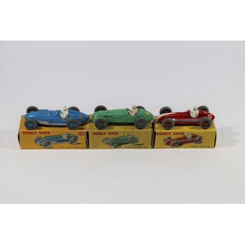 359 - 3 Dinky Racing Cars. H.W.M. (23J) in light green, RN7. Maserati (23N) in bright red with white flash... 