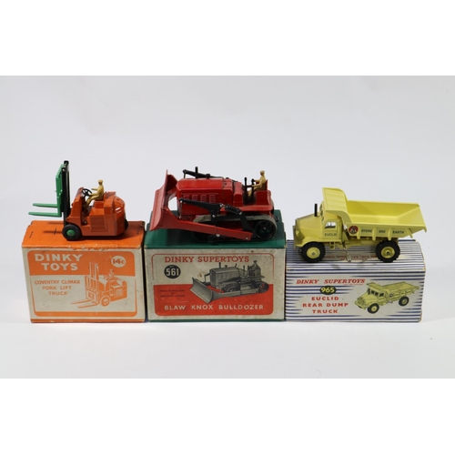 361 - 3 Dinky Toys. Blaw Knox Bulldozer (561) in red, example with black tracks. Plus a Euclid Dump Truck ... 