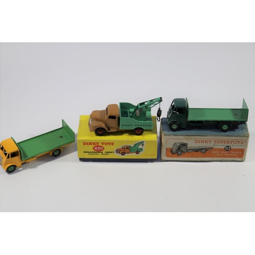 362 - 3 Dinky Toys. Guy Flat Truck - with tailboard (513). Dark green cab and chassis with mid green rear ... 