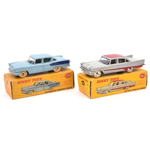 368 - 2 Dinky Toys American Cars. Studebaker President Sedan (179) in light blue with dark blue flash with... 