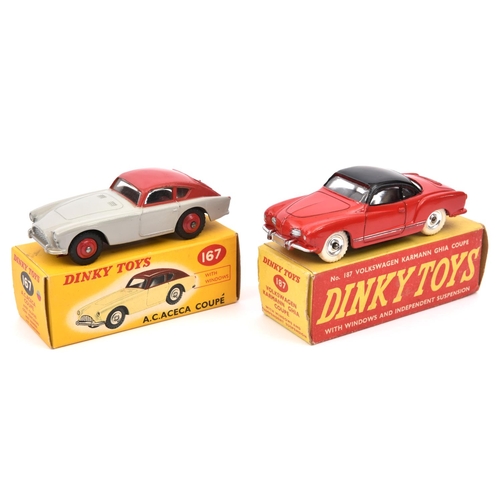 369 - 2 Dinky Toys. AC Aceca Coupe (167). Example in light grey with red roof and wheels. Plus a Volkswage... 