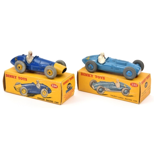 371 - 2 Dinky Toys single seat racing cars. Talbot Lago (230) in mid blue with mid blue wheels, RN4. Plus ... 