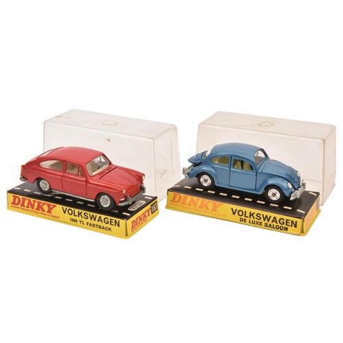 372 - 2 Dinky Toys. Volkswagen De Luxe Saloon 129. In metallic blue with white interior. Plus a Volkswagen... 