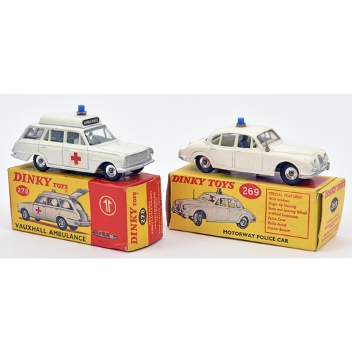 374 - 2 Dinky Toys. Motorway Police Car (269). In white with white interior with Policemen inside,  POLICE... 