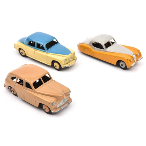 1370 - 3 Dinky Cars. Rover 75 (156) in mid blue and cream with cream wheels. Jaguar XK120 (157) in light gr... 