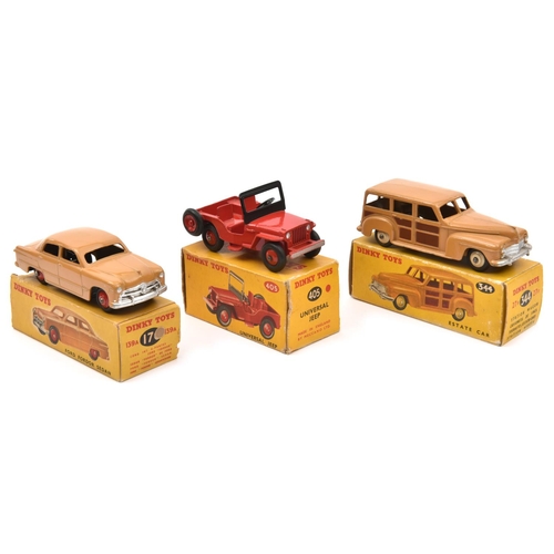 1371 - 3 Dinky Toys American Cars. Ford Fordor Sedan (170) in tan with red wheels. Plus a Plymouth Estate C... 