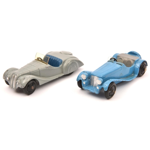 1379 - 2 Dinky Toys 38 Series Cars. Frazer Nash-BMW Sports (38a) in mid grey with blue seats, black chassis... 