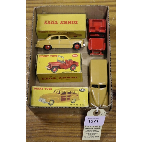 1371 - 3 Dinky Toys American Cars. Ford Fordor Sedan (170) in tan with red wheels. Plus a Plymouth Estate C... 