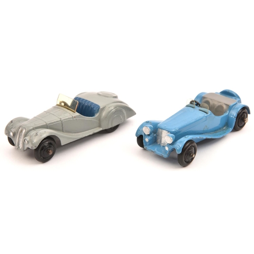 1379 - 2 Dinky Toys 38 Series Cars. Frazer Nash-BMW Sports (38a) in mid grey with blue seats, black chassis... 