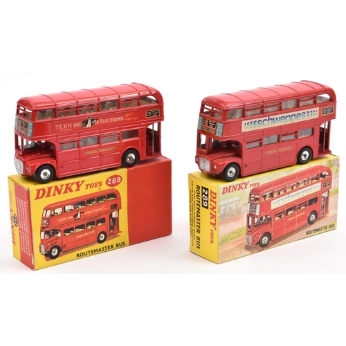 1381 - 2 Dinky Routemaster Double Deck Buses (289). Both in bright red L.T. livery, one with TERN Shirts ad... 