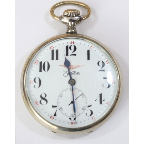 547 - Zentra pocketwatch. Plated case, hinged back, 57mm diameter. Dial has 24-hour markings in addition t... 