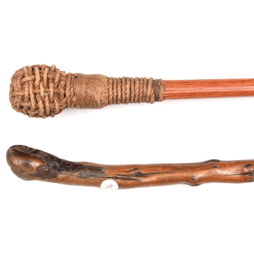 793 - A slender malacca walking cane,  cord woven/bound, knopped grip, brass ferrule, 33” overall; and a k... 