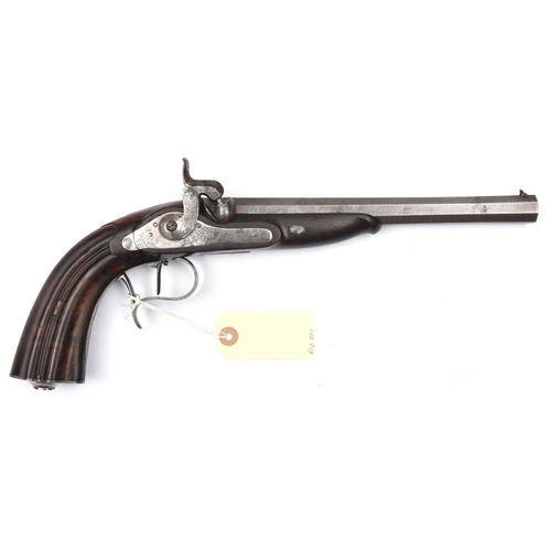 858 - A Belgian 120 bore percussion target or duelling pistol, 15” overall, fine twist sighted rifled octa... 