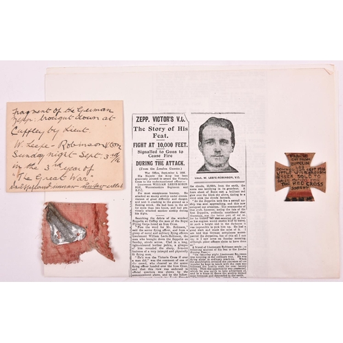 526 - WWI Cuffley Zeppelin items, comprising a fragment of alloy and a small piece of thin fabric in conte... 