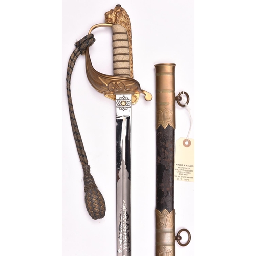 681 - A late Vic R Naval officer’s sword,  very slightly curved, fullered blade  31½”, marked “London Made... 