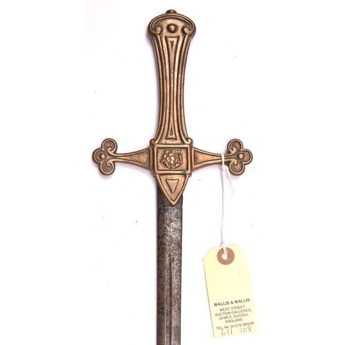 686 - A bandsman’s composite sword,  slender DE blade 29½”, with short central fuller, solid brass Mark I,... 