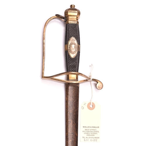 688 - A late 18th century Percy Tenantry infantry officer’s sword,  slightly curved, fullered blade 28”, w... 