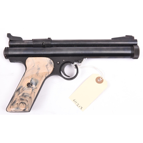 742 - A .22” Crosman “150” CO2 pistol,  number 099863, with marbled chequered plastic grips. GC, retaining... 