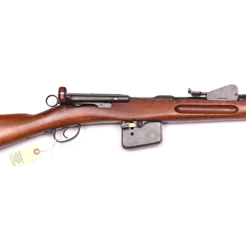 784 - A Swiss 7.5mm Schmidt Rubin Model 1889 straight pull bolt action rifle, number 101624, with pale wal... 