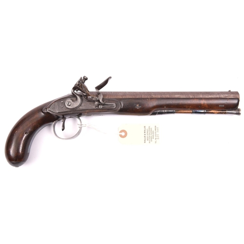 856 - A 16 bore flintlock duelling pistol by Clarke of Dublin, c 1800,  15½” overall, well rebrowned octag... 