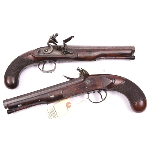 857 - A pair of 18 bore flintlock holster pistols, c 1810,  13½” overall, octagonal twist barrels 8” with ... 