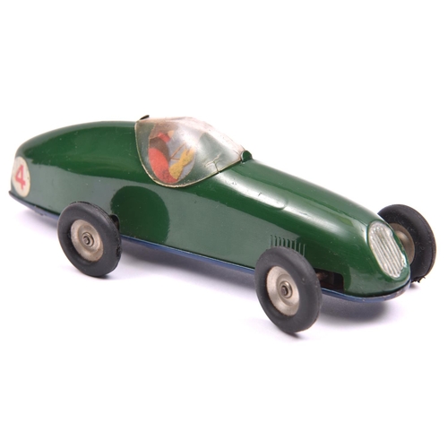 1175 - A Tri-ang Minic tinplate clockwork Racing Car 13M. Closed cockpit example in dark green with dark bl... 