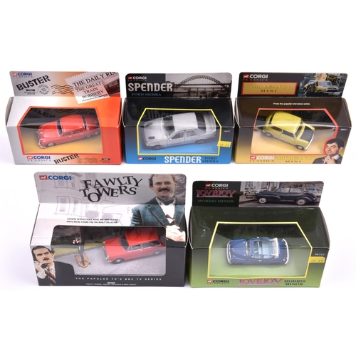 1242 - 5x Corgi TV related vehicles. Fawlty Towers Austin 1300 estate, Buster Jaguar Mk2, both in red. Spen... 