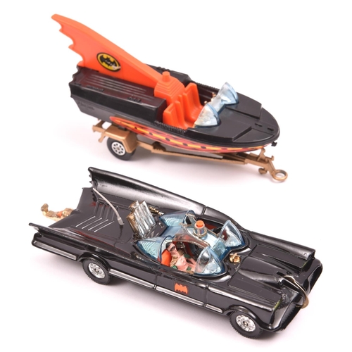 1245 - Corgi Batmobile and Batboat. 2nd type with the thinner black plastic wheels to car and trailer, fixe... 