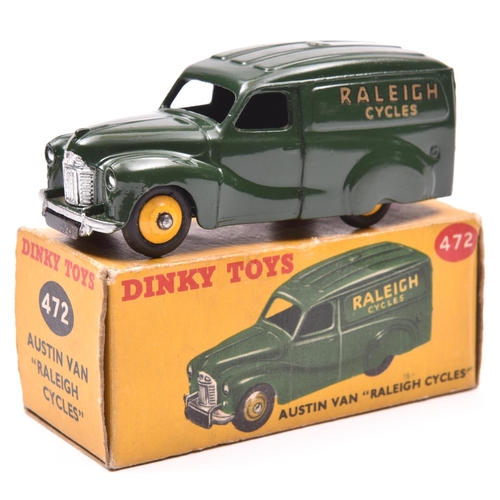 1455 - Dinky Toys Austin Van 'RALEIGH' (472). In dark green livery with yellow wheels and black tyres. Boxe... 