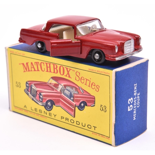 1230 - Matchbox Series No.53 Mercedes-Benz 220SE Coupe. In dark red with white interior, opening doors, bla... 