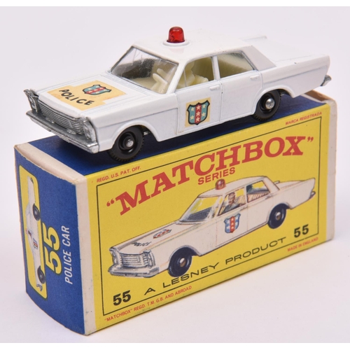 1232 - Matchbox Series No.55 Ford Galaxie Police Car. In white with white interior, POLICE & shield decal t... 