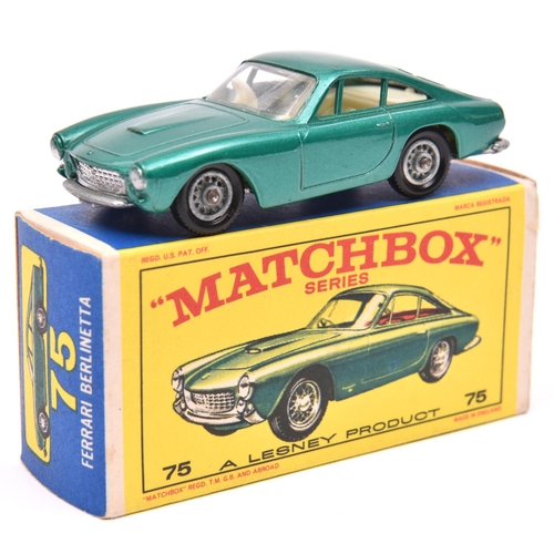 1237 - Matchbox Series No.75 Ferrari Berlinetta. In metallic green with cream interior, black plastic tyres... 