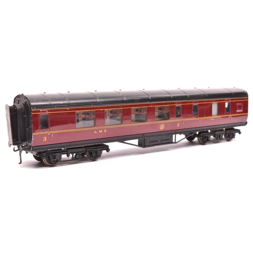 1072 - An O Gauge Exley K6 type LMS Brake Third. In lined maroon livery. GC-VGC, non-original bogies and wh... 