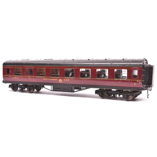 1073 - An O Gauge Exley K5 type LMS Restaurant Car. In lined maroon livery. GC-VGC, non-original bogies and... 