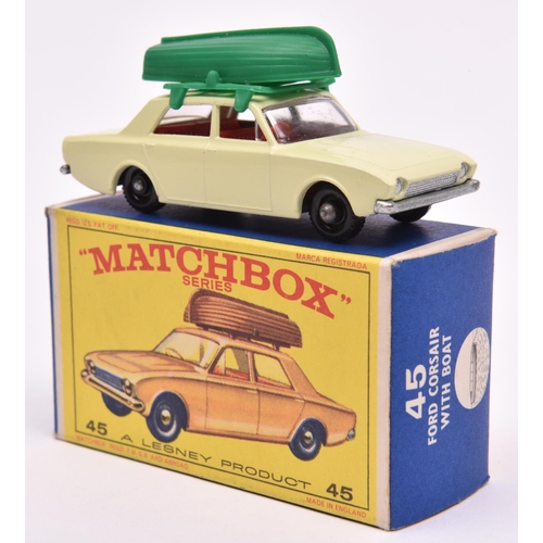 1228 - Matchbox series. No.45 Ford Corsair with Boat. Very pale green with red interior, unpainted base, bl... 