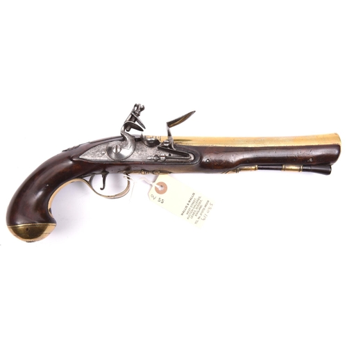 35 - A late 18th century brass barrelled flintlock blunderbuss pistol,  13¾” overall, slightly swamped ba... 