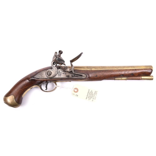 370 - An interesting 14 bore brass barrelled flintlock sea service type belt pistol,  16” overall, barrel ... 